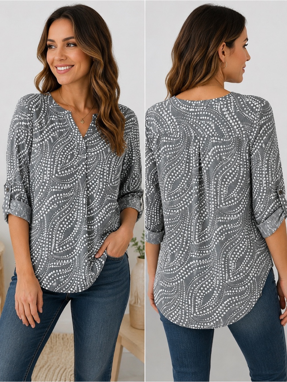 Tyla Womenโs Medium Gray White Abstract Dot Print Roll Tab Blouse Top